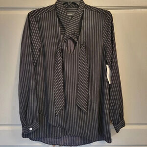 Karen Kane Black & White Pinstripe V-neck Tie Long Sleeve Blouse